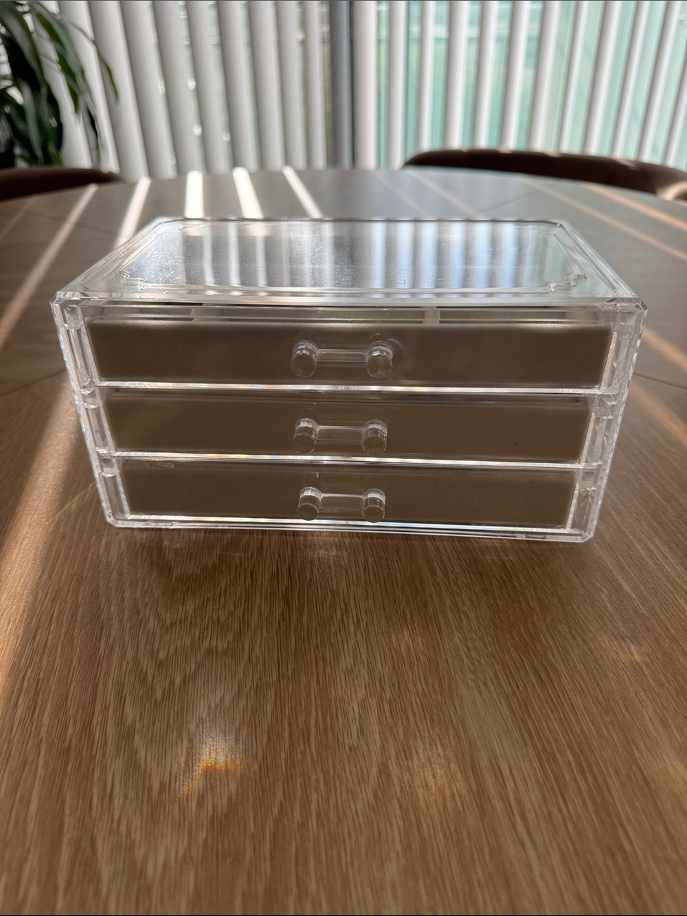 Clear Acrylic 3-Drawer Organizer with Taupe Drawer Liners
